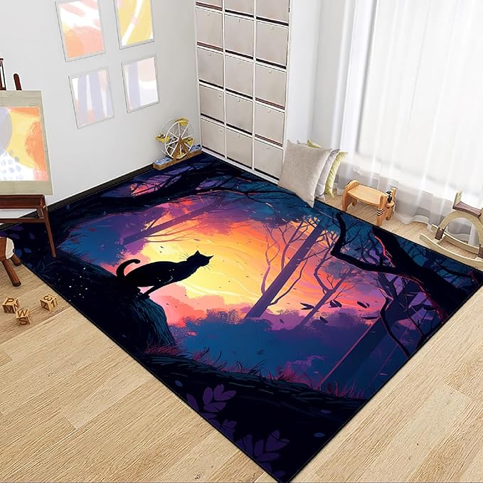 Magic Black Cat Rug - Moon Cat Rug for Girls Room Forestscape Cat Area Rug Black Cat Door Mat Colorful Rug with Black Cat Pattern, 2.5x4 Feet - LeafyLoom