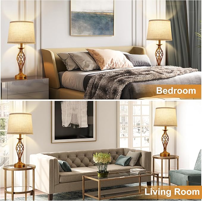 Table Lamp for Bedroom Set of 2 with USB C+A Ports - Modern Gold Bedside Lamps with Spiral Cage Base Fabric Shade - Nightstand Lamp for Living Room Reading Bed Side End Table 2 LED Bulbs Included - LeafyLoom