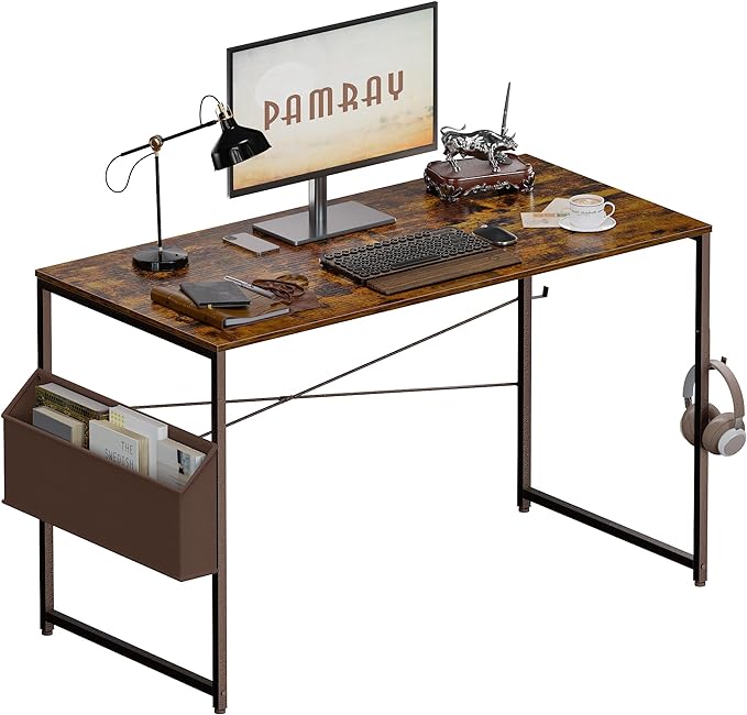 Pamray 47 Inch Computer Desk Small Spaces Desk with Storage Bag for Bedroom Writing and Home Office Work Small Study Desk Table Vintage - LeafyLoom