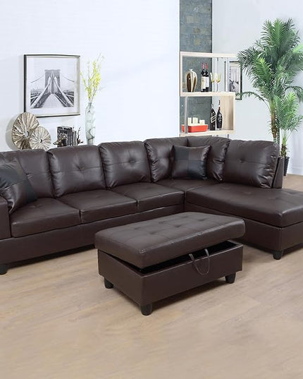 ROOMTEC Button L Shape 3 Piece Sectional Sofa Set, Upholstered Corner Couch with Storage Ottoman, Faux Leather Tufted Cushions, for Living Room, Apartment, 103inch, Deer Brown w/Right Chaise Lounge - LeafyLoom