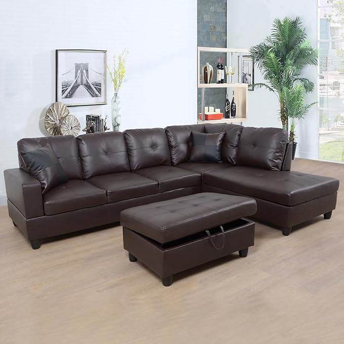 ROOMTEC Button L Shape 3 Piece Sectional Sofa Set, Upholstered Corner Couch with Storage Ottoman, Faux Leather Tufted Cushions, for Living Room, Apartment, 103inch, Deer Brown w/Right Chaise Lounge - LeafyLoom