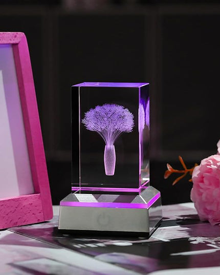 3D Crystal Babys Breath with Colorful Light Base Laser Engraved- Fake Baby Breath Flowers Figurines Statue Laser Engraved - Baby's Breath Room Party Classroom Nature Decor Birthday Mothers Day Valenti - LeafyLoom