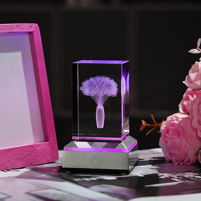 3D Crystal Babys Breath with Colorful Light Base Laser Engraved- Fake Baby Breath Flowers Figurines Statue Laser Engraved - Baby's Breath Room Party Classroom Nature Decor Birthday Mothers Day Valenti - LeafyLoom