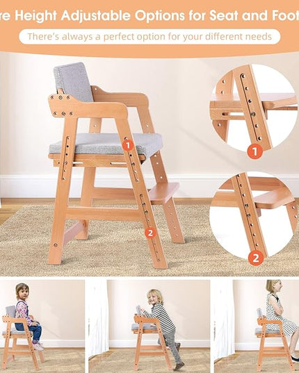 Ezebaby Wooden High Chair, Adjustable Highchair for Toddlers to Teens with Steps, Kids Dining Chair, Study Chair with Removable Cushion (Natural Color) - LeafyLoom