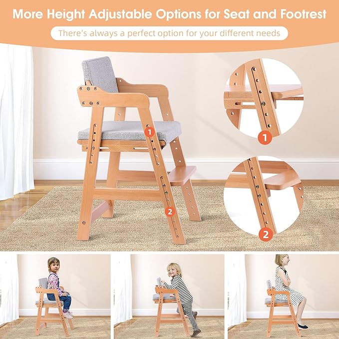 Ezebaby Wooden High Chair, Adjustable Highchair for Toddlers to Teens with Steps, Kids Dining Chair, Study Chair with Removable Cushion (Natural Color) - LeafyLoom