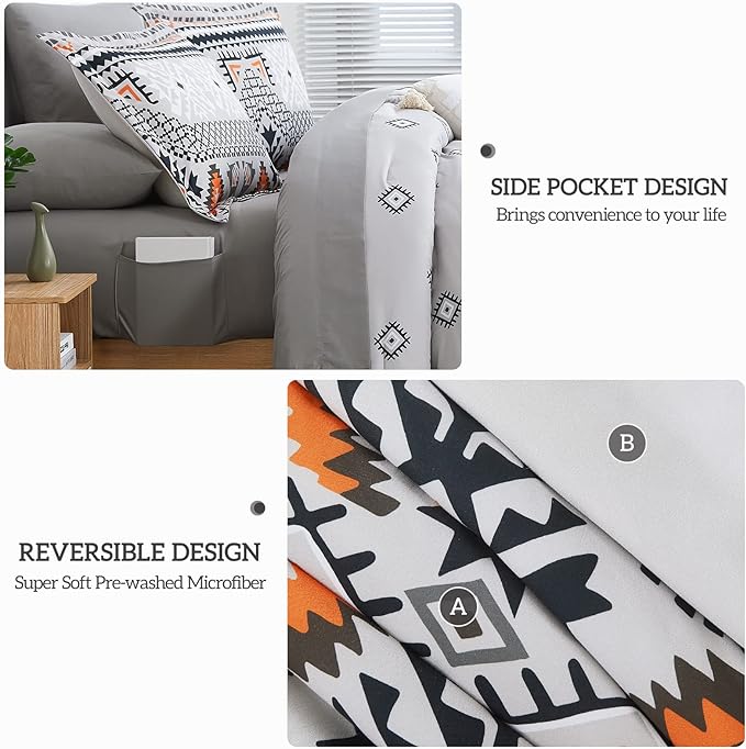 CASAAGUSTO Queen Comforter Set, 8 Pieces Gray Orange Boho Comforter Set, Microfiber Cozy Bohomian Bedding Set with Decor Pillow, Lightweight Breathable for All Seasons - LeafyLoom