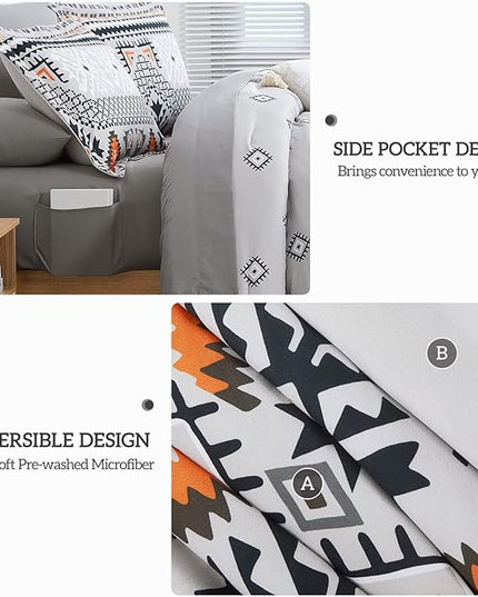 CASAAGUSTO King Comforter Set, 8 Pieces Gray Orange Boho Comforter Set, Microfiber Cozy Bohomian Bedding Set with Decor Pillow, Lightweight Breathable for All Seasons - LeafyLoom