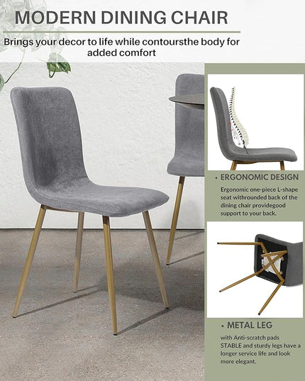 FurnitureR Modern Style Dining Chairs Set of 4, Comfy Side Chair with Fabric Seat Sturdy Metal Gold Legs for Kitchen Living Room Bedroom, Grey - LeafyLoom