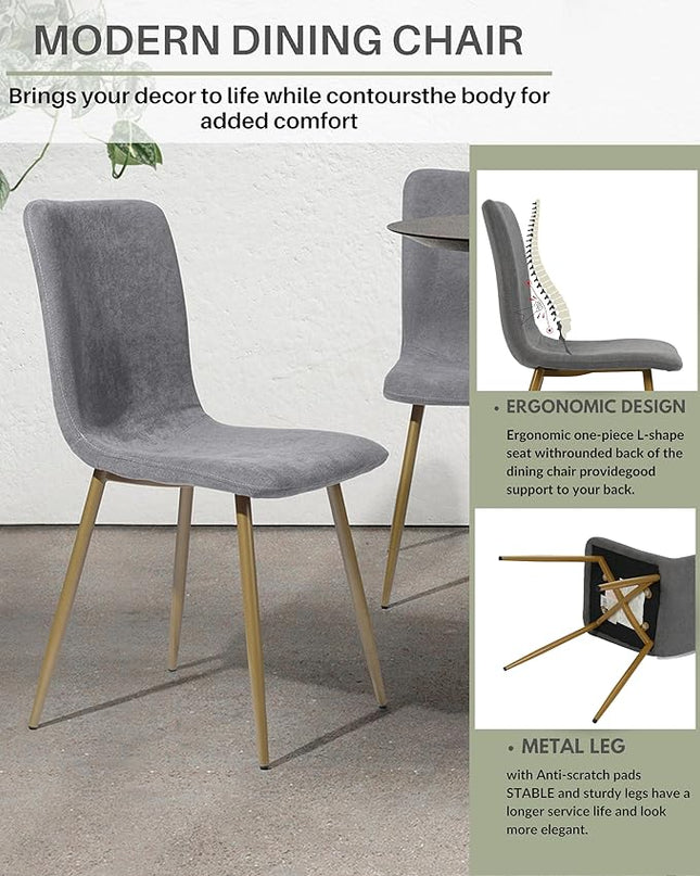 FurnitureR Modern Style Dining Chairs Set of 4, Comfy Side Chair with Fabric Seat Sturdy Metal Gold Legs for Kitchen Living Room Bedroom, Grey - LeafyLoom