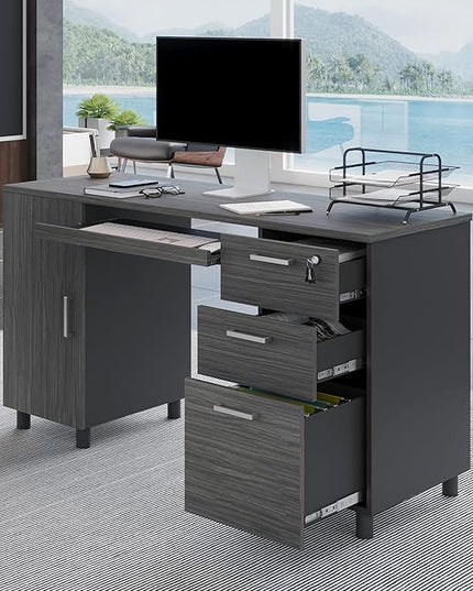 Modern Design By Crafts & comfort Venice Computer Desk - Office Desk with 3 Drawers & CPU Storage Cabinet - Laptop Workstation with Keyboard Tray & Cable Hole - Home & Office Supplies -Slate/Black - LeafyLoom