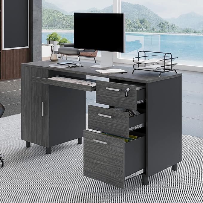 Modern Design By Crafts & comfort Venice Computer Desk - Office Desk with 3 Drawers & CPU Storage Cabinet - Laptop Workstation with Keyboard Tray & Cable Hole - Home & Office Supplies -Slate/Black - LeafyLoom