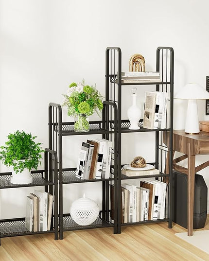 Bookshelf Vertical Storage Freestanding Storage Stand for Living Room, Bedroom, Kitchen, Rust Resistance, Easy Assemblyl Free CombinationMulti-Functional Organizer (4 Tiers, Black) - LeafyLoom