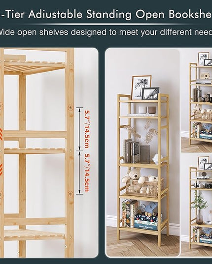 Tall Narrow Bookshelf, 5 Tier Bathroom Shelf Bamboo, Floor Standing Display Storage Organizer for Small Space, Adjustable Shelves, Natural Wood Bookcase - LeafyLoom