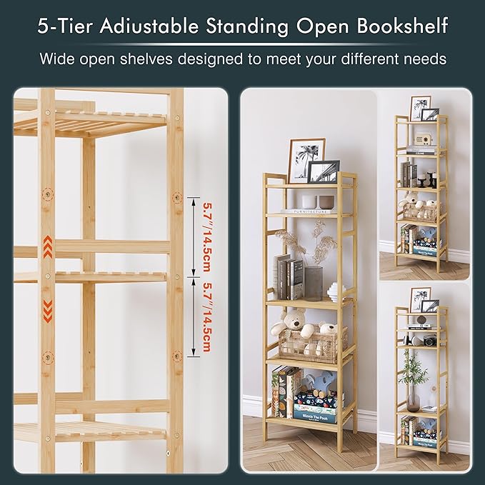 Tall Narrow Bookshelf, 5 Tier Bathroom Shelf Bamboo, Floor Standing Display Storage Organizer for Small Space, Adjustable Shelves, Natural Wood Bookcase - LeafyLoom