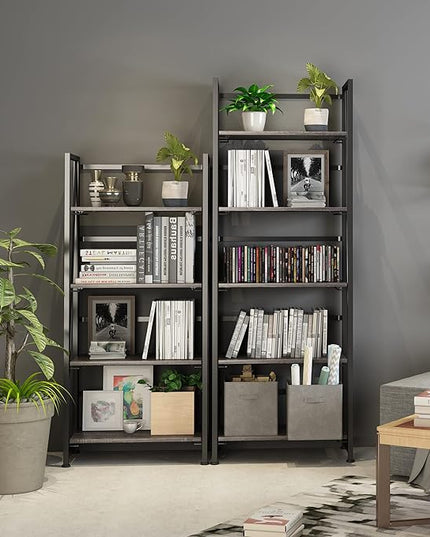 4NM No-Assembly Folding Bookshelf Storage Shelves 4 Tiers Vintage Bookcase Standing Racks Study Organizer Home Office (Gray and Black) - LeafyLoom