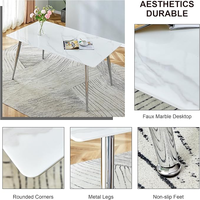 NicBex 63Inch Rectangular Dining Table,Modern Kitchen Table with White Imitation Marble Tabletop and Silver Metal Legs for 6 to 8,Large Dining Room Table for Kitchen,Meeting Living Room,White - LeafyLoom