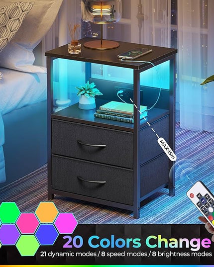 Seventable Nightstand set of 2 with Charging Station, Bedside table with LED Lights, Night stand with 2 Fabric Drawers, 3-Tier Storage End Table for Bedroom, Black - LeafyLoom