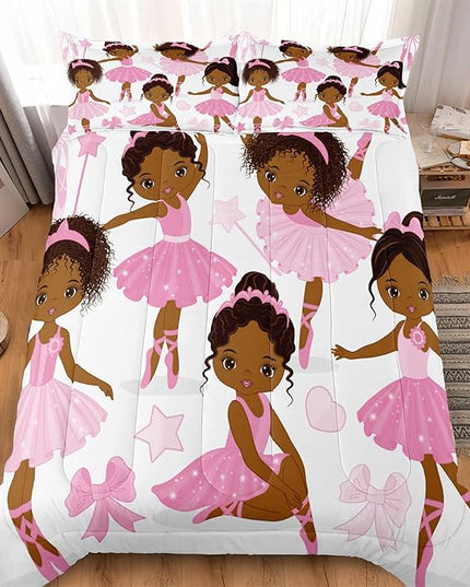 Full Bedding Sets for Girls, African American Magic Comforter Set with Ballet Dancer, Pink Bed Set for Kids Teens, Little Girls Bedroom Decor - LeafyLoom