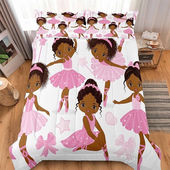 Twin Bedding Sets for Girls, African American Magic Comforter Set with Ballet Dancer, Pink Bed Set for Toddler Kids Teens, Little Girls Bedroom Decor - LeafyLoom