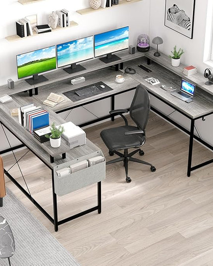 U Shaped Computer Gaming Desk, Reversible L Shaped Desk with Power Outlets, LED Strip & Monitor Stand, Large Corner Desk with Storage Shelves for Home Office, Grey Oak - LeafyLoom