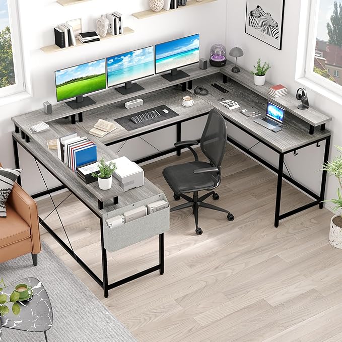 U Shaped Computer Gaming Desk, Reversible L Shaped Desk with Power Outlets, LED Strip & Monitor Stand, Large Corner Desk with Storage Shelves for Home Office, Grey Oak - LeafyLoom
