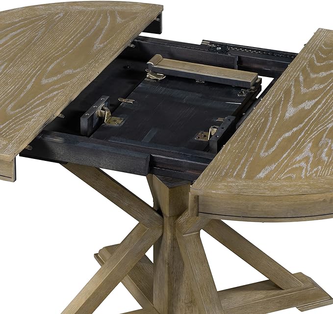 Small Dining Table Set for 4-6, Modern Round Extendable Table and Upholstered Chairs, X-Shaped Cross Base, Button Tufting Backrest, Retro Style Home Furniture for Small Spaces, Living Room - LeafyLoom