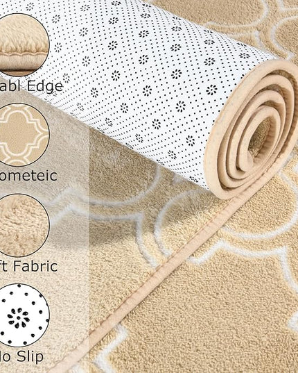 Chicrug Shag Geometric 2x6 Runner Rug for Bedroom, Modern Memory Foam Indoor Hallway Runner Carpet, Fluffy Rug for Living Room Bedside Room Decor for Family, Beige/White - LeafyLoom