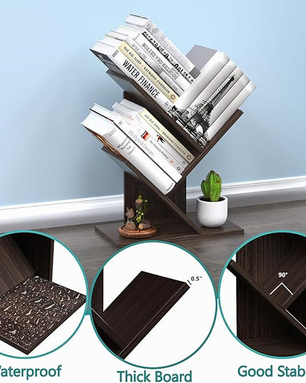 3 Tier Small Tree Bookshelf Desk Book Organizer Narrow Bookcases for Books Magazines CDs Free Standing Retro Wooden Storage Shelves for Home Office Bedroom Living Room Dark Walnut - LeafyLoom