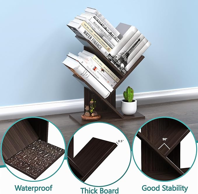 3 Tier Small Tree Bookshelf Desk Book Organizer Narrow Bookcases for Books Magazines CDs Free Standing Retro Wooden Storage Shelves for Home Office Bedroom Living Room Dark Walnut - LeafyLoom