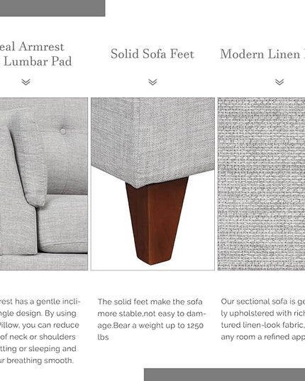 Modern Linen Fabric Sofa with Chaise Lounge, L-Shape Couch with one Lumbar Pad, Comfy Button Tufted Backrest, 4 Seat Corner Sectional Set for Living Room Furniture Office, 97.2", Grey-L - LeafyLoom
