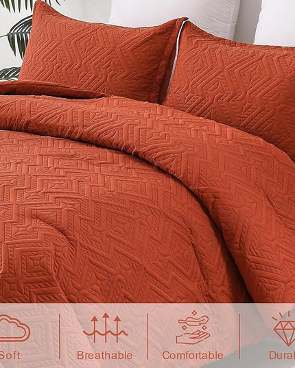 WONGS BEDDING Burnt Orange Comforter Set Queen Size(90“×90”), Terracotta Boho Geometric Textured Bedding Comforter Sets - 3 Pieces Soft Microfiber Ultrasonic Bedding with 2 Pillowcases - LeafyLoom