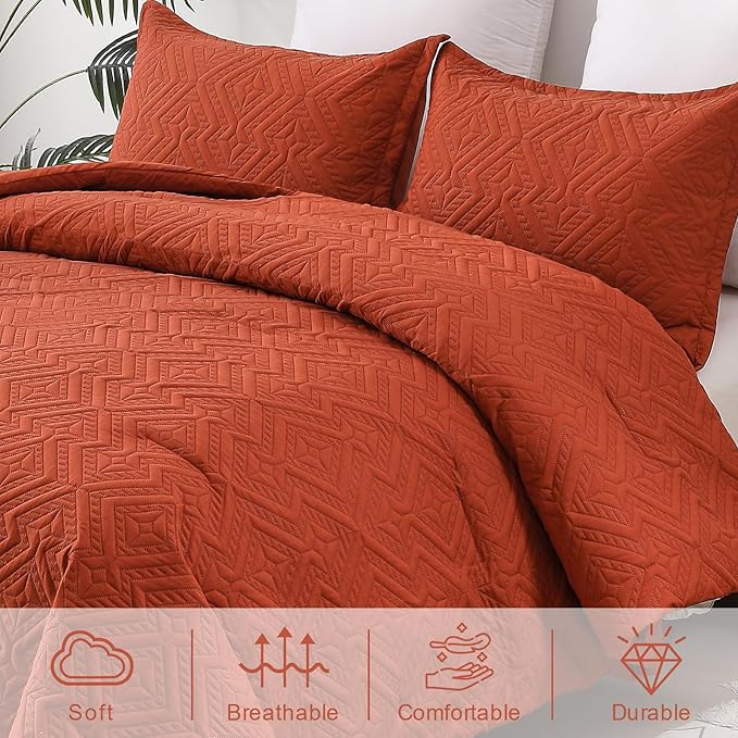 WONGS BEDDING Burnt Orange Comforter Set Queen Size(90“×90”), Terracotta Boho Geometric Textured Bedding Comforter Sets - 3 Pieces Soft Microfiber Ultrasonic Bedding with 2 Pillowcases - LeafyLoom