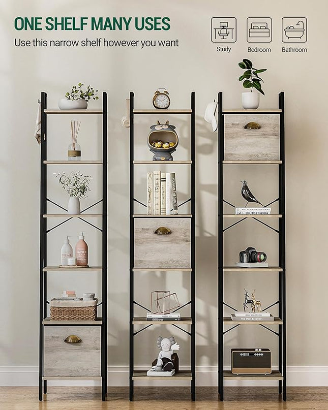 Narrow Bookshelf Bookcase with Drawer, Ladder Shelf with 2 Hooks, Bookshelves Storage Organizer, Freestanding Display Standing for Home Office, Bedroom, 6 Tier Greige BC19605B - LeafyLoom