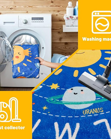 Round ABC Kids Rug,5.2 Ft Soft Circle Alphabet Playroom Rug,Washable Non-Slip Solar System Kids Play Rug,Space Educational Rug Kids Carpet for Classroom Playroom Bedroom Kids Room Decor - LeafyLoom