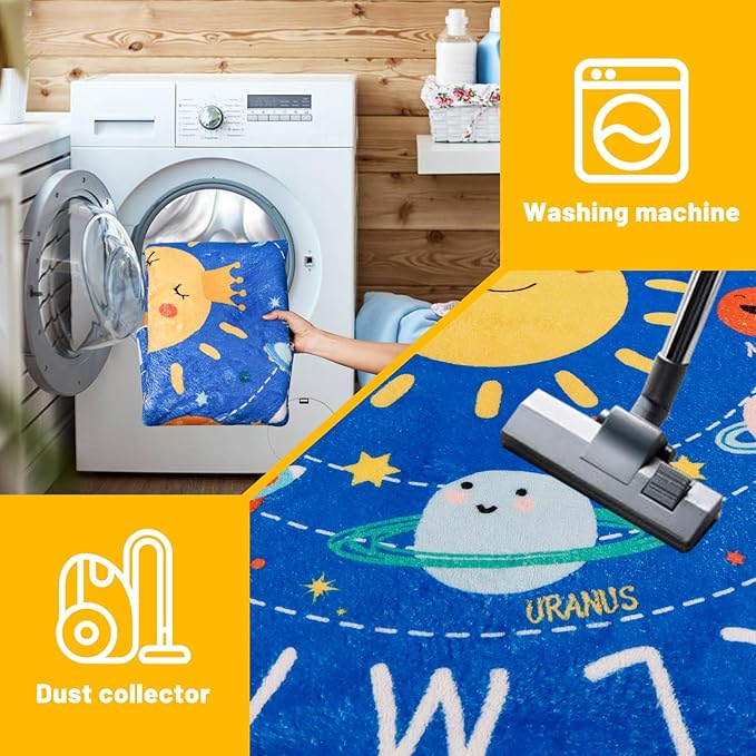 Round ABC Kids Rug,5.2 Ft Soft Circle Alphabet Playroom Rug,Washable Non-Slip Solar System Kids Play Rug,Space Educational Rug Kids Carpet for Classroom Playroom Bedroom Kids Room Decor - LeafyLoom