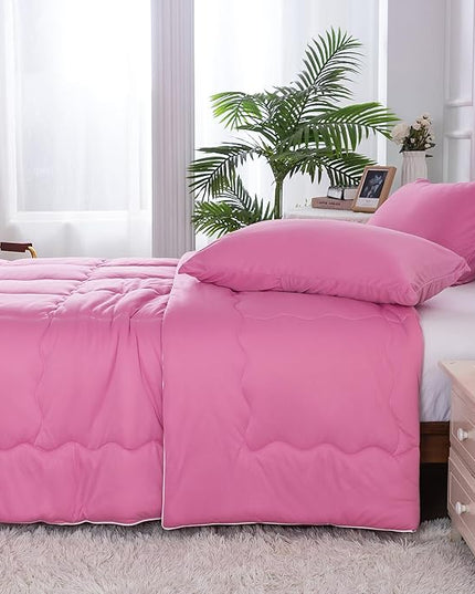 COTTEBED Rose Pink Comforter Queen Size, Jersey Knit T-Shirt Feel Ultra-Soft Cute Cozy Durable Lightweight Bedding Blanket Down Conforter Set and Pillowcase for Women Girl All Season Use Full/Queen - LeafyLoom