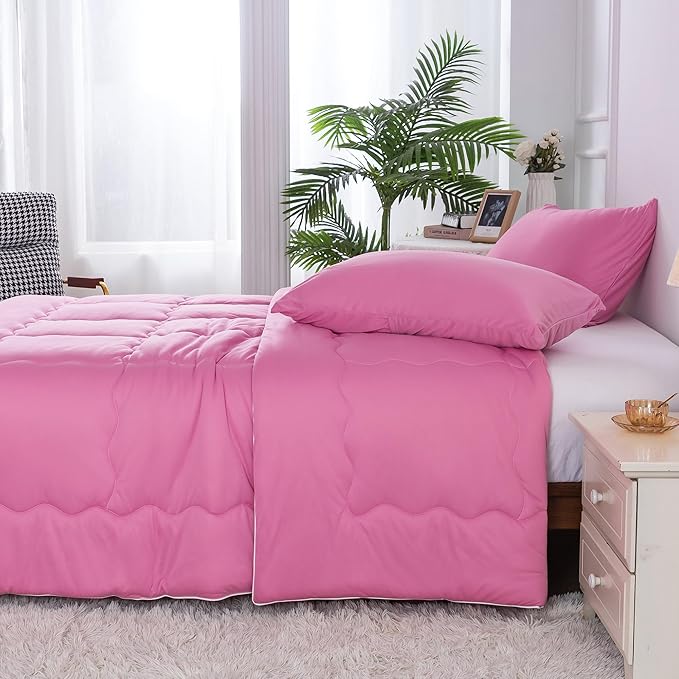 COTTEBED Rose Pink Comforter Queen Size, Jersey Knit T-Shirt Feel Ultra-Soft Cute Cozy Durable Lightweight Bedding Blanket Down Conforter Set and Pillowcase for Women Girl All Season Use Full/Queen - LeafyLoom
