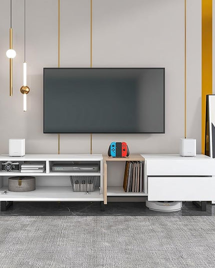 71 Inch TV Stand with Double Storage Space for TVs up to 80'', Modern TV Console with Drop Down Door, Entertainment Center for Living Room, Bedroom and Home Theatre, Wood+White - LeafyLoom