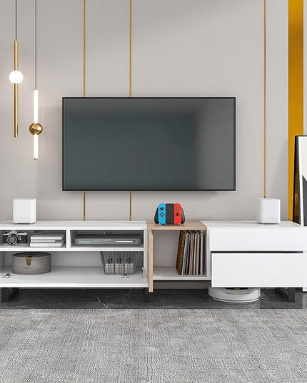 Inch Modern Stand with Double Storage, Drop Down Doors, Cable Management-Media Console Table, Entertainment Center for Living Room, Bedroom, Support 80" TV, White-1 - LeafyLoom