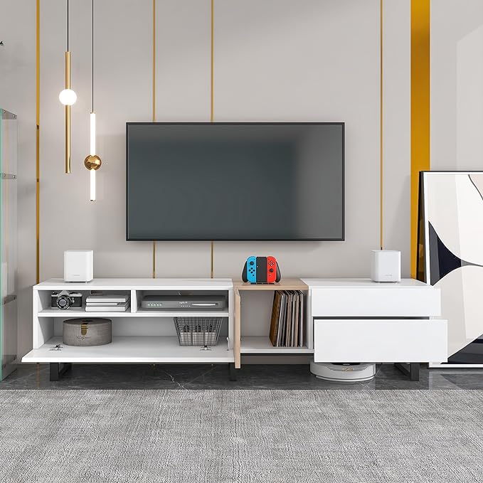 Inch Modern Stand with Double Storage, Drop Down Doors, Cable Management-Media Console Table, Entertainment Center for Living Room, Bedroom, Support 80" TV, White-1 - LeafyLoom