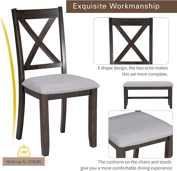 Kitchen 6-Piece Wooden Foldable Dining Table Set with Bench and 4 Padded Chairs, Space-Saving, Espresso - LeafyLoom