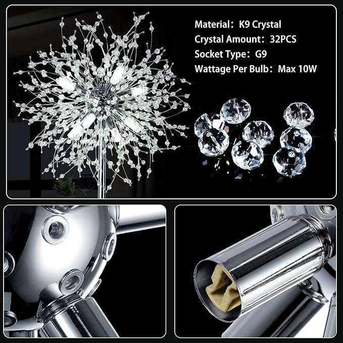 Airposta Crystal Floor Lamp for Bedroom, Floor Lamp for Living Room, Elegant Standing Lamp, 69" Tall Pole Lamp, Modern Floor Lamp for Room Decor, 32 Firework Crystal Harnesses Included, Chrome Finish - LeafyLoom