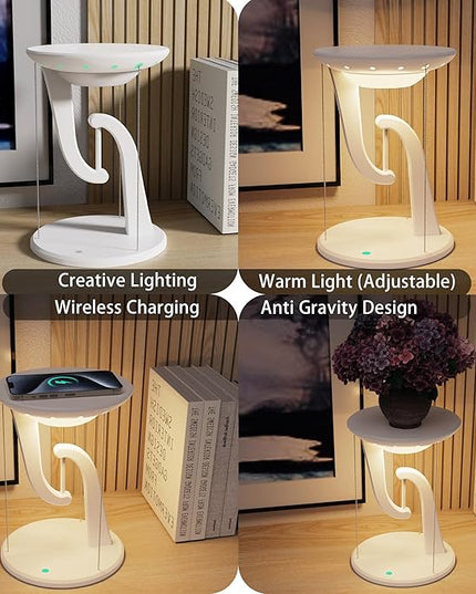 Night Light Wireless Charger Lamp,Ambient Light,LED Desk Lamp with Wireless Charger,Balance Magnetic Suspension Desk Light Creative Fun Bedside Lamp,Anti-Gravity Bedroom Table Lamp 3-Level Brightness - LeafyLoom