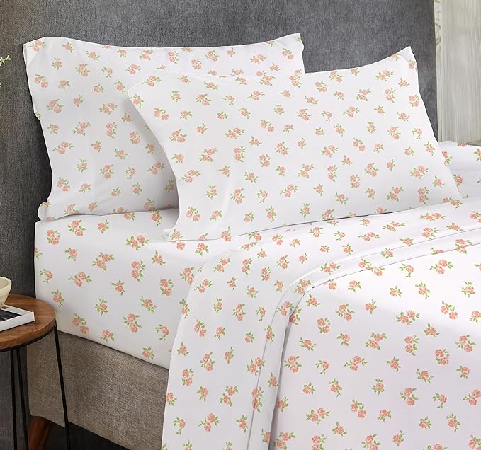 California Design Den King Floral Sheet Set, 4 Pc 100% Cotton Sateen Sheets King Size Sheets Set Deep Pockets & Pillowcase Set - Chic Floral - LeafyLoom