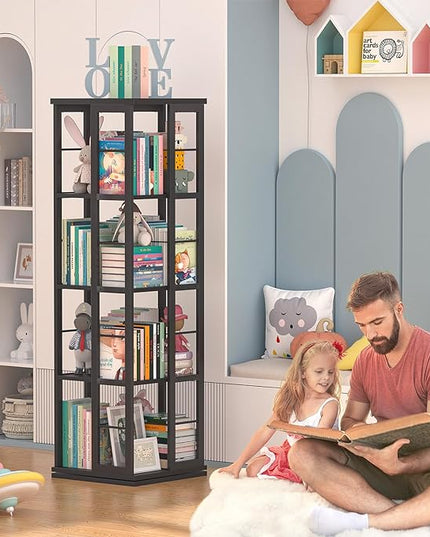 Aheaplus Rotating Bookshelf, Corner Bookshelf, 360 Display Wood Spinning Bookshelf, Floor Standing Bookcase Narrow Shelf Revolving Organizer Storage Rack for Small Space, Bedroom, Study Room, Black - LeafyLoom
