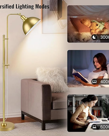 PARTPHONER Industrial Floor Lamp Adjustable, Rustic Farmhouse Reading Lamp in Aged Gold Finish, Modern Standing Lamp with Remote Control Metal Shade for Living Room Bedroom Study Room Office Hotel - LeafyLoom
