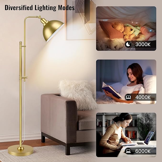 PARTPHONER Industrial Floor Lamp Adjustable, Rustic Farmhouse Reading Lamp in Aged Gold Finish, Modern Standing Lamp with Remote Control Metal Shade for Living Room Bedroom Study Room Office Hotel - LeafyLoom