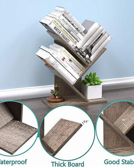 3 Tier Small Tree Bookshelf Storage Organizer Shelves Floor Standing Bookcase Desk Wood Storage Rack for Home Office Living Room Bedroom Display for Book Magazine CD manga Oak Grey - LeafyLoom