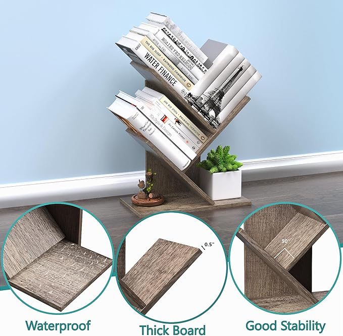 3 Tier Small Tree Bookshelf Storage Organizer Shelves Floor Standing Bookcase Desk Wood Storage Rack for Home Office Living Room Bedroom Display for Book Magazine CD manga Oak Grey - LeafyLoom