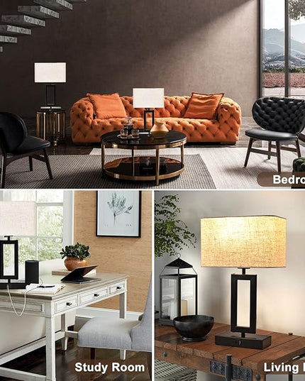 Lamps for Bedroom Set of 2 Touch Control Table Lamps with Dual USB Ports,Bedside Lamp3-Way Dimmable Lamps for Nightstand, Modern Desk Lamps for Living Room Office, LED Bulbs Included, Black&Cream - LeafyLoom